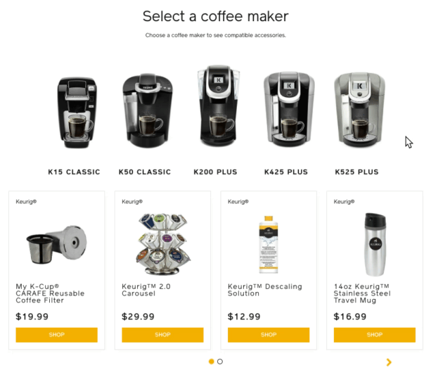 animation of a browser, depicting a cursor clicking on images of Keurig coffee makers. When a coffee maker is clicked, a row of accessories appear in a carousel.